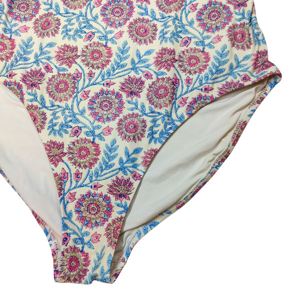 J. Crew Ruffle V Neck One Piece Swimsuit Floral Vine Block Print Sz 12 Pink Blue - Picture 6 of 14